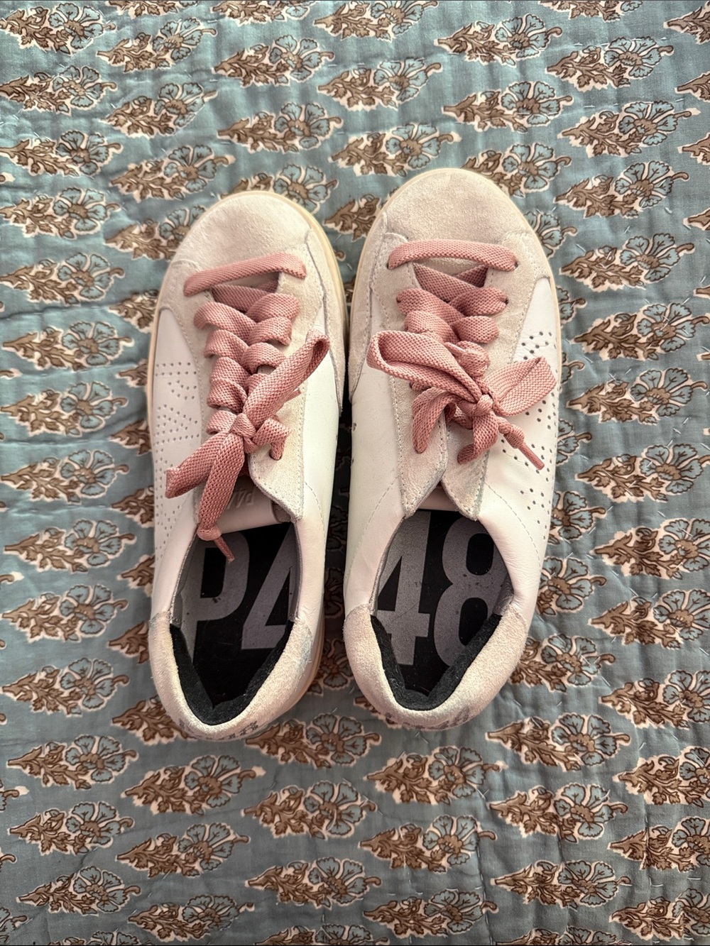 P448 Women's White Sneakers with Dusty Pink Laces